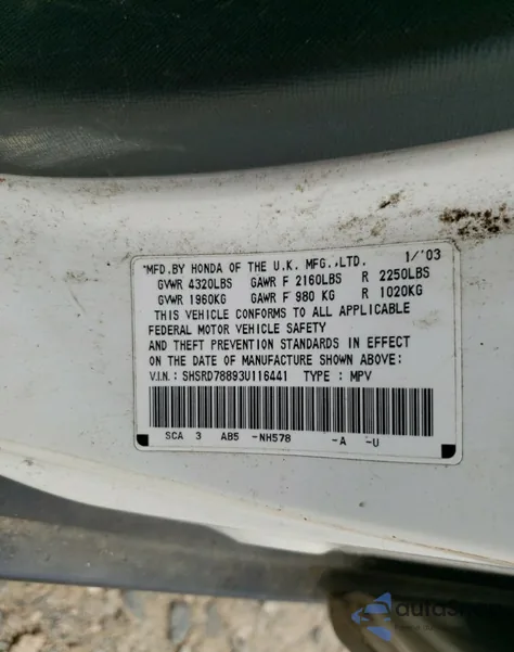 2003 Honda Cr-V Ex from USA, damaged, VIN SHSRD78893U116441